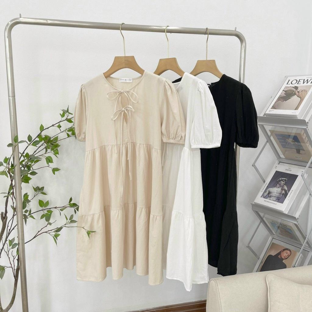 Váy babydoll nữ cộc tay buộc dây ngực, đầm nữ ngắn vải đũi siêu mát mẻ