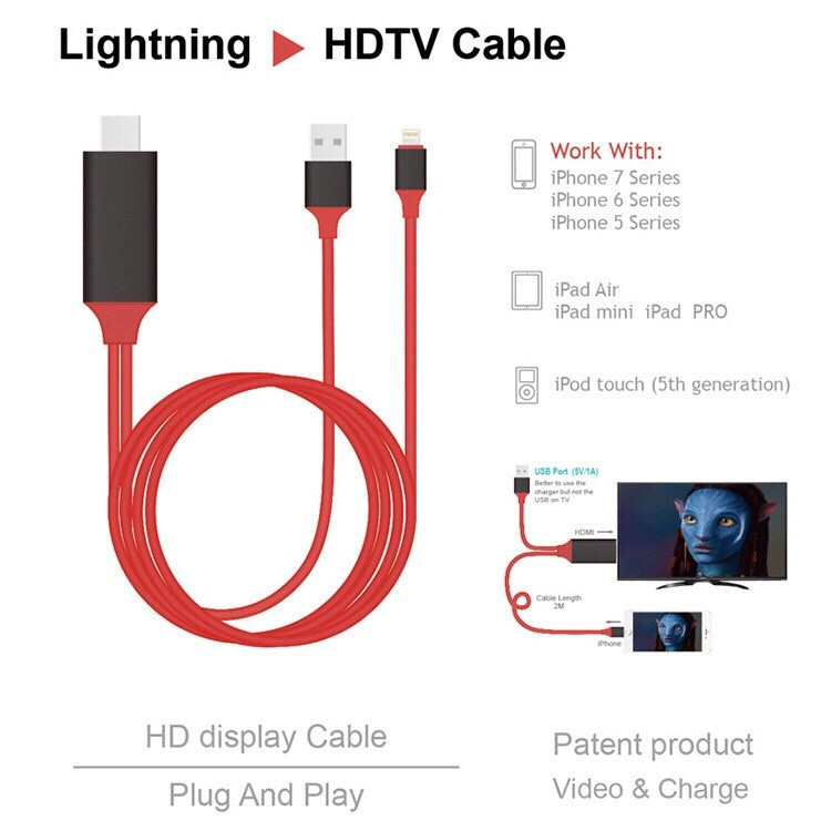 Cáp Lightning HDMI Dài 2m - Kết Nối Điện Thoại Iphone 5,6,7,8, ipad 4,5,Mini Lên Tivi - Lightning To HDTV 2m