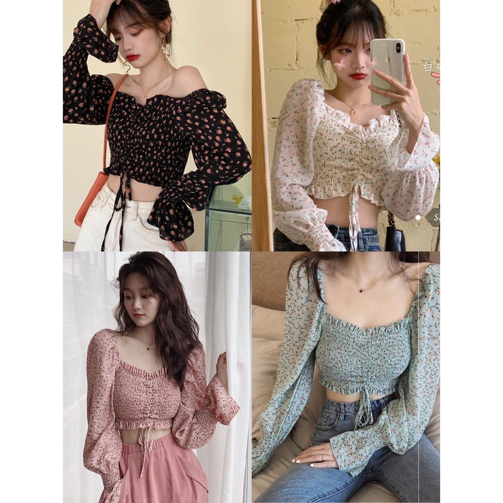 ÁO CROPTOP HOA NHÍ CHUN RÚT NGỰC 4 MÀU