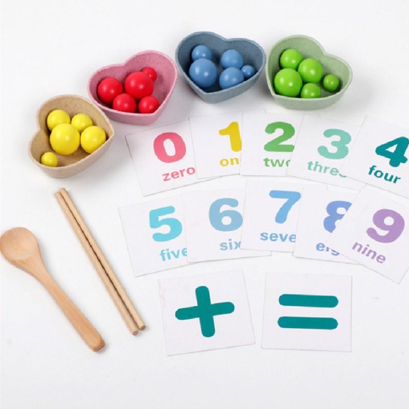 Bộ đồ chơi giáo cụ Montessori thực hành tập dùng thìa và đũa gắp bi gỗ cho bé