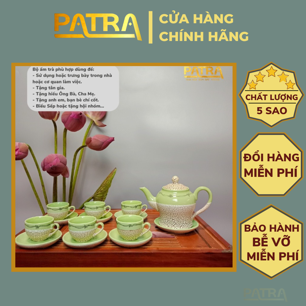Bộ ấm chén uống trà cao cấp , bộ ấm trà Bát Tràng men rạn màu 001