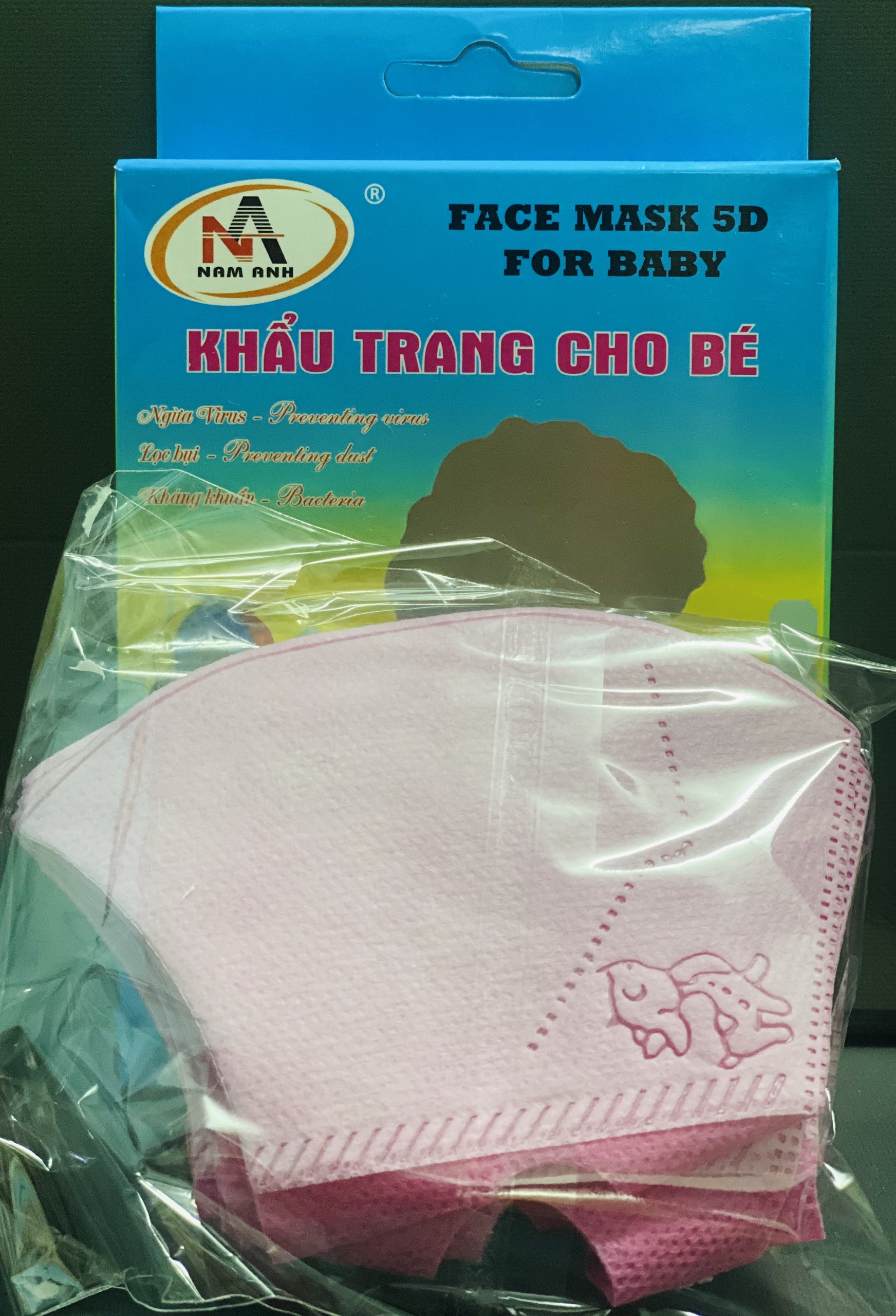 Combo 2 hộp khẩu trang y tế trẻ em 5D Nam Anh (Màu Xanh - Hồng) - 1 hộp 10 cái