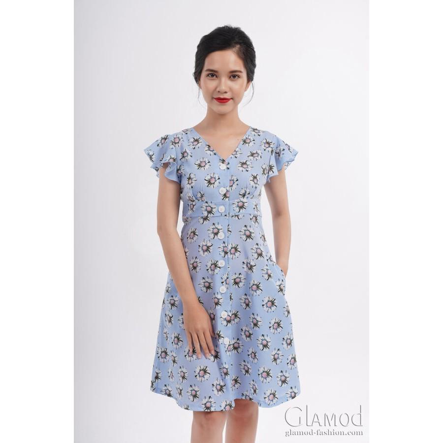 Đầm cổ tim với tay bèo trẻ trung G9.028 _ xanh bông cúc
