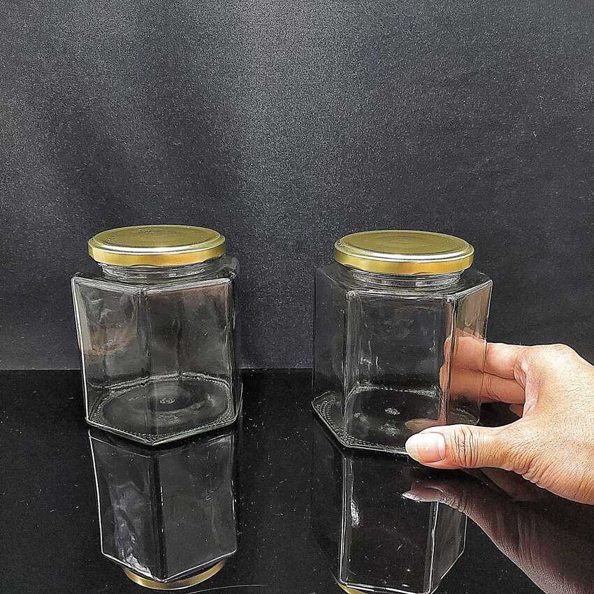 Hũ Thủy Tinh Lớn 730ML mẫu Lục Giác nắp thiếc vàng – Hũ Gia Vị Thủy Tinh