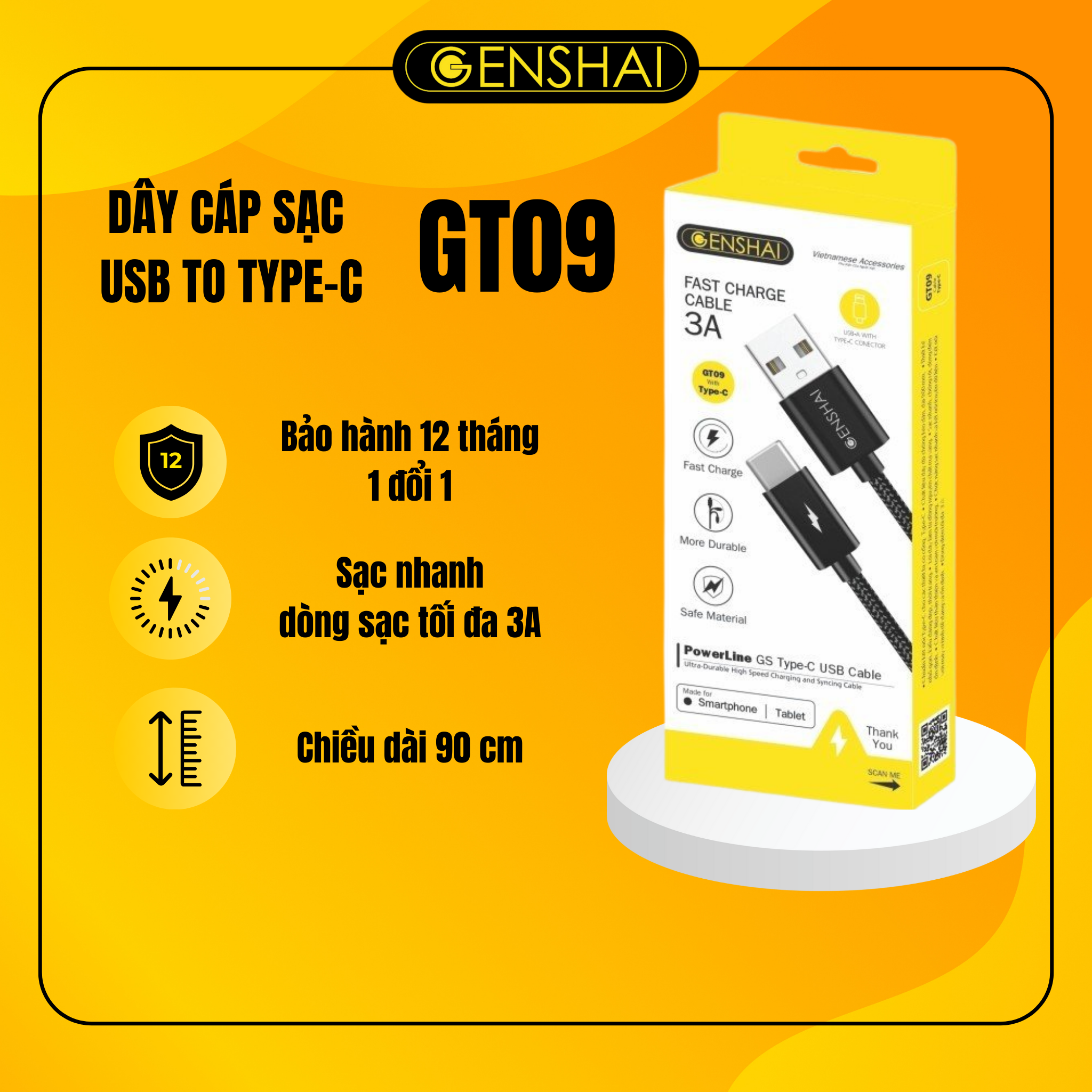 Cáp sạc nhanh Type C 3A đèn led hàng chính hãng GENSHAI GT09 1m | Bảo hành 12 tháng 1 đổi 1 | Made in Việt Nam