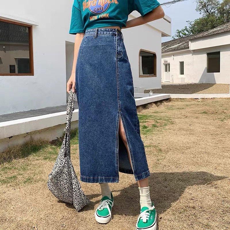 Chân Váy Jeans Nữ Cúc Lệch Xẻ Tà Cạp Cao Dáng Dài 3 Màu Full Size