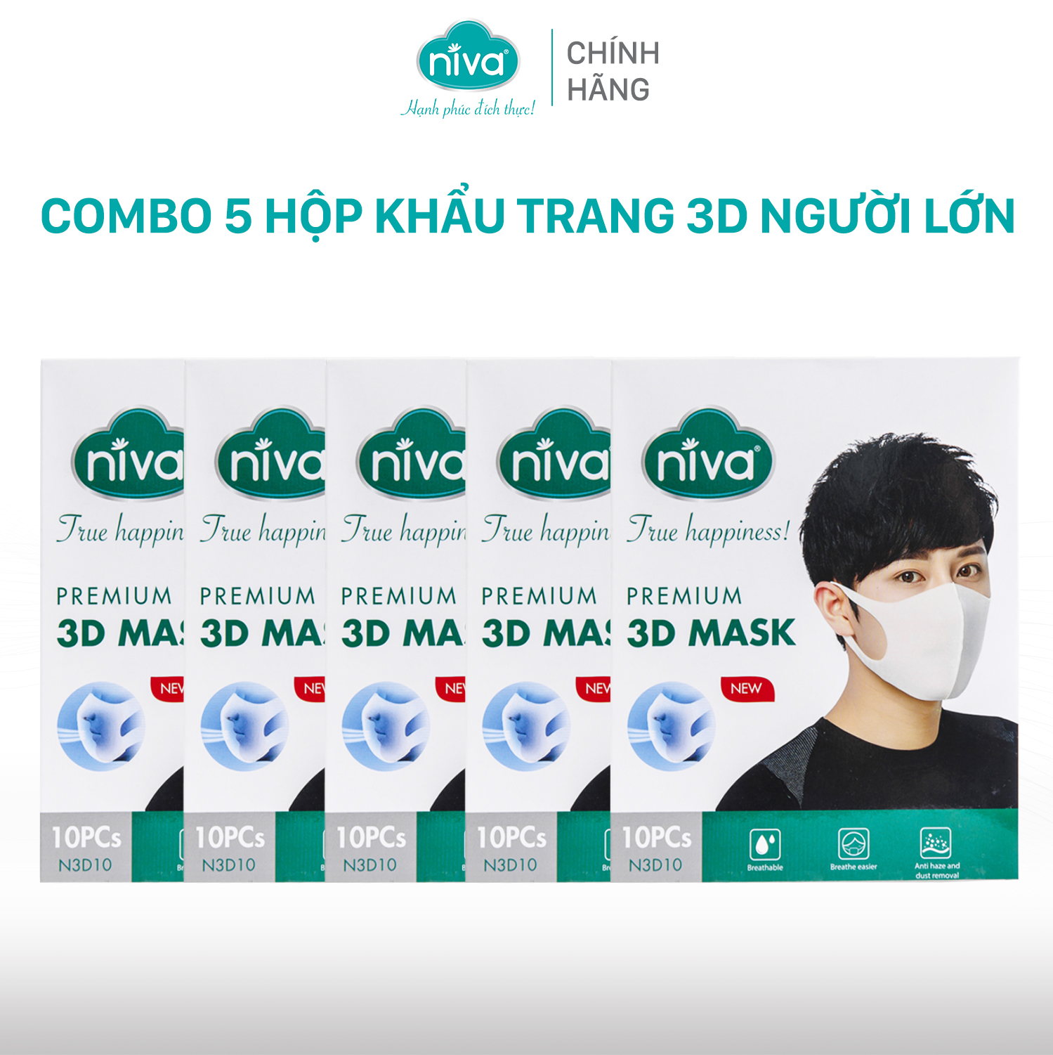 Combo 5 Khẩu Trang 3D Người Lớn Niva Hộp 10 Cái Cấu Trúc 3 Lớp Ngăn Bụi Mịn Kháng Khuẩn Hàng Chính Hãng Cao Cấp