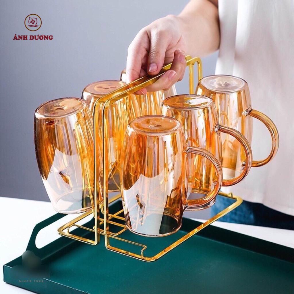 Bộ bình 6 cốc thủy tinh chịu nhiệt pha lê ánh vàng