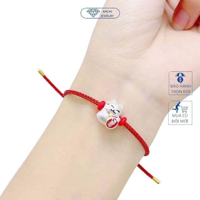 Vòng tay dây cước charm mèo thần tài, bạc ta dây 2mm may mắn, Anchi jewelry