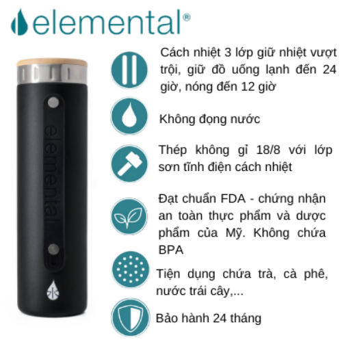 BÌNH GIỮ NHIỆT ELEMENTAL ICONIC MÀU TRƠN (590ML