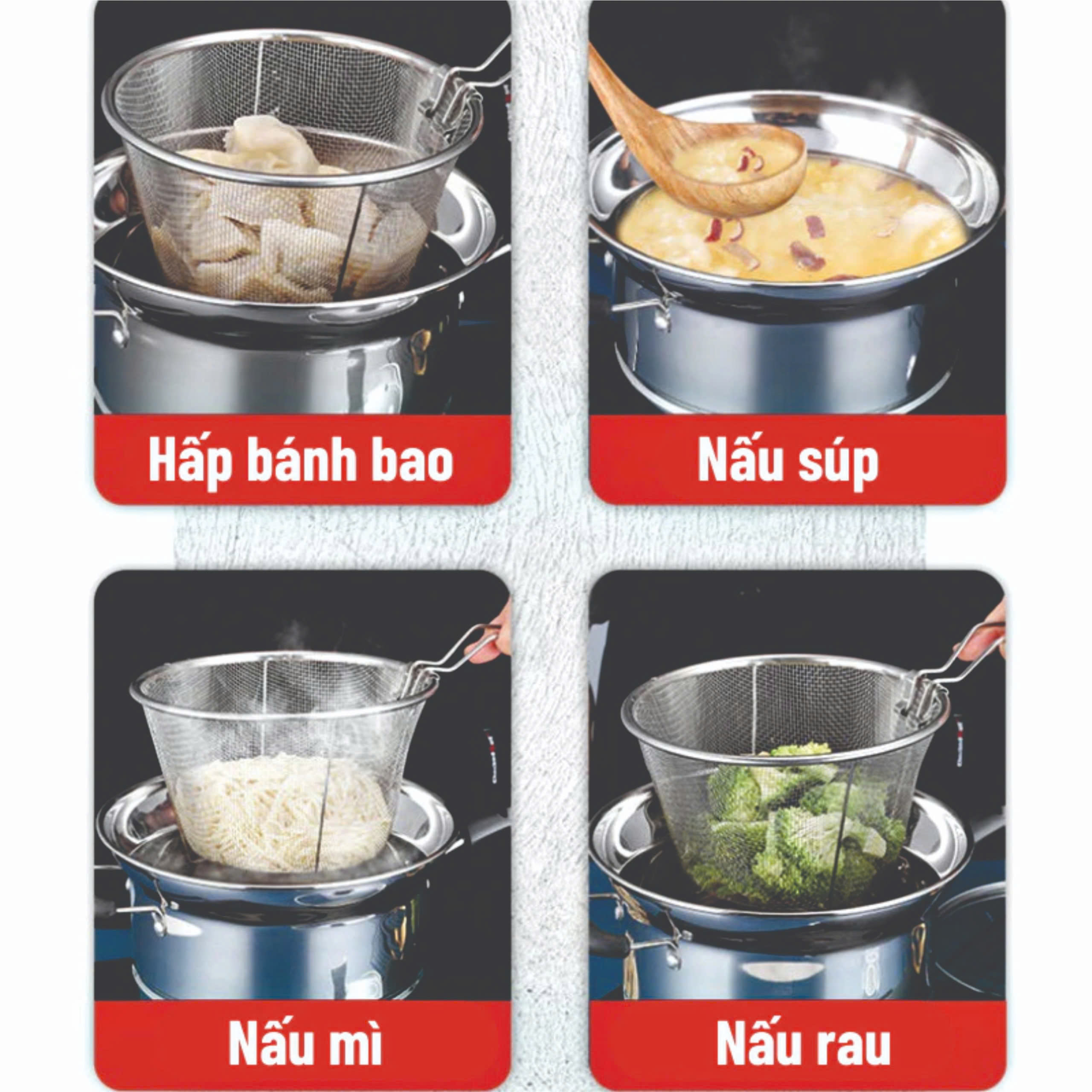 Set Combo Nồi Inox 304 Đa Năng Nồi Chiên Ngập Dầu Kết Hợp Hấp Đa Năng Có Xửng Hấp Và Giá Lọc Đi Kèm Dễ Dàng Sử Dụng