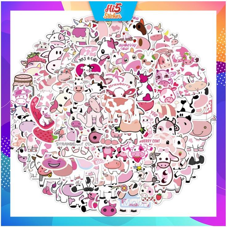 Sticker Hình Dán Trang Trí Hình Vẽ Bò Hồng Dễ Thương ms#241