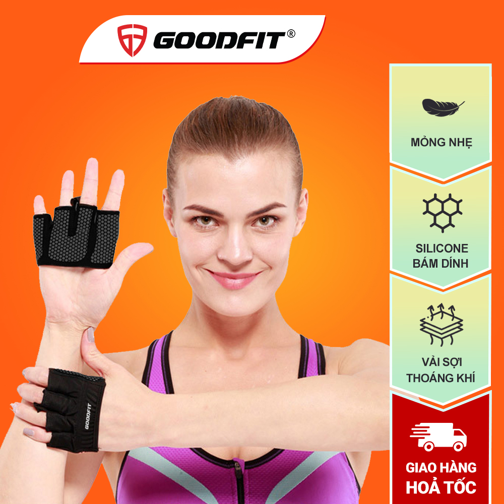 Găng tay hở ngón, bao tay tập gym có đệm silicone chống trượt, vải đục lỗ thoáng khí Goodfit GF204G