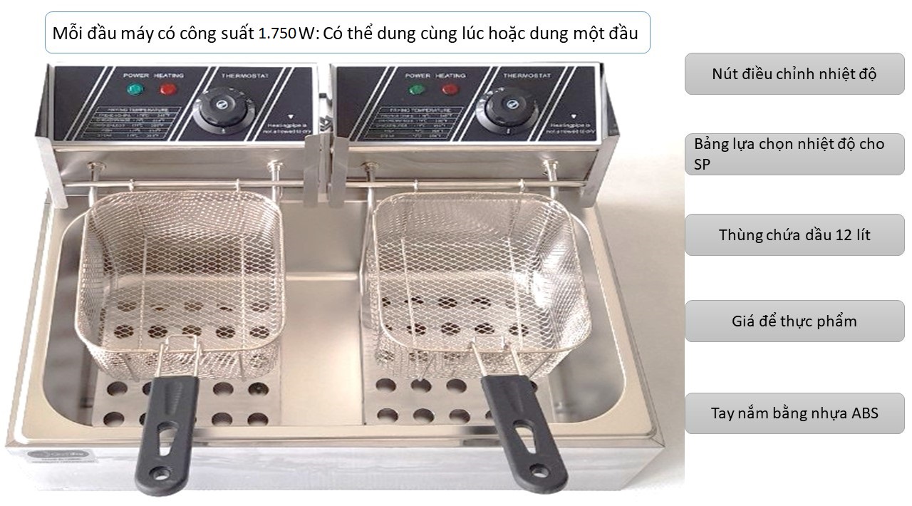 Bếp Chiên Nhúng Đơn 1 Khay 12 Lít 2 Giá Nhúng  3.500 W Chất Liệu Inox 304 Cách Nhiệt