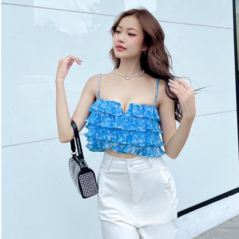 RECHIC Áo Kiểu Fina dáng croptop xếp ly tầng trẻ trung gợi cảm phù hợp dạo phố