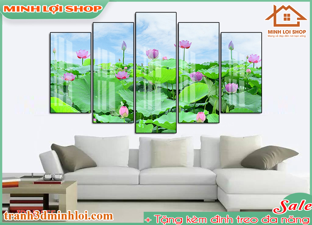 Tranh tráng gương pha lê BÔNG SEN 5 tấm trang trí phòng khách hiện đại TẶNG KÈM ĐINH TREO 5TBS015