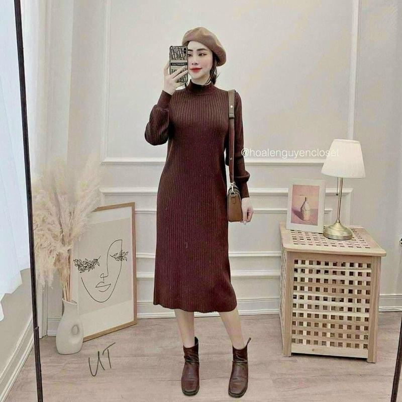 Váy dáng xuông tay bo chụ chất len tăm cổ cao đầm dài cổ tròn