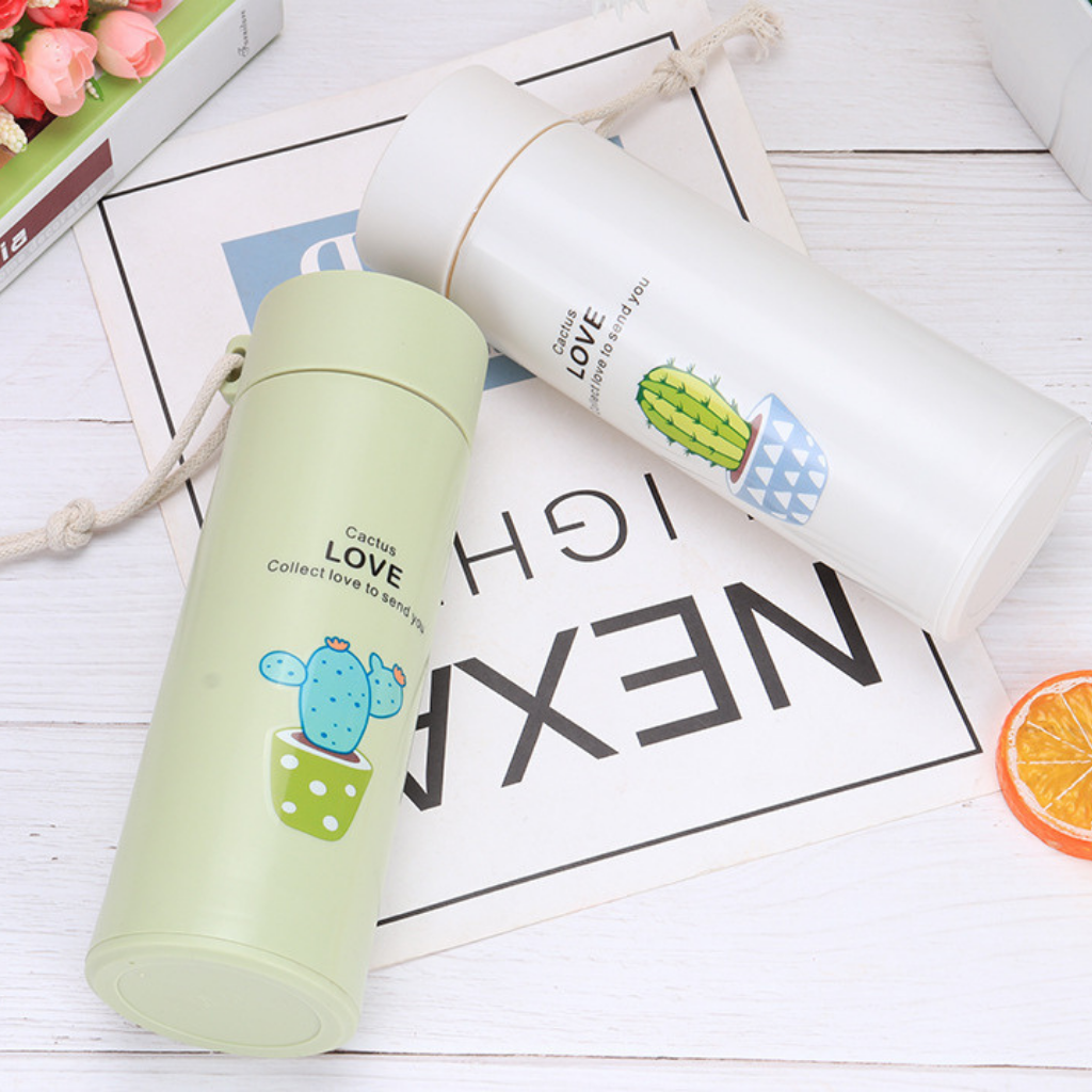 Binh đựng nước giữ nhiệt thủy tinh họa tiết xương rồng nhiều màu sắc siêu cute 500ML