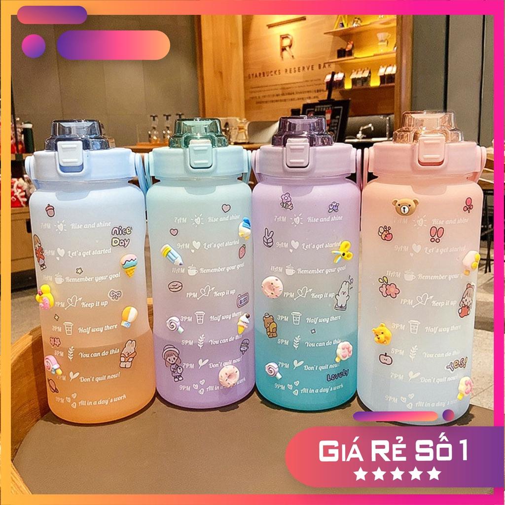 Bình nước 2 lít dành cho người lười uống nước bình nước cute 2L có ống hút, vạch chia nhắc giờ