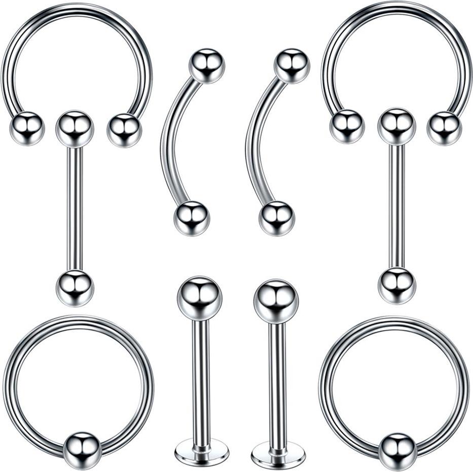 10 Pieces Stainless Steel Nose Lip Tongue Eyebrow Tragus Navel Belly Ring Piercings 16g