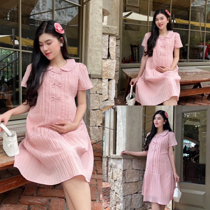 Đầm bầu cổ sen đính nơ dễ thương form đuôi cá gọn dáng, thanh lịch chất xốp Hàn Váy bầu dễ thương - Xanh đen