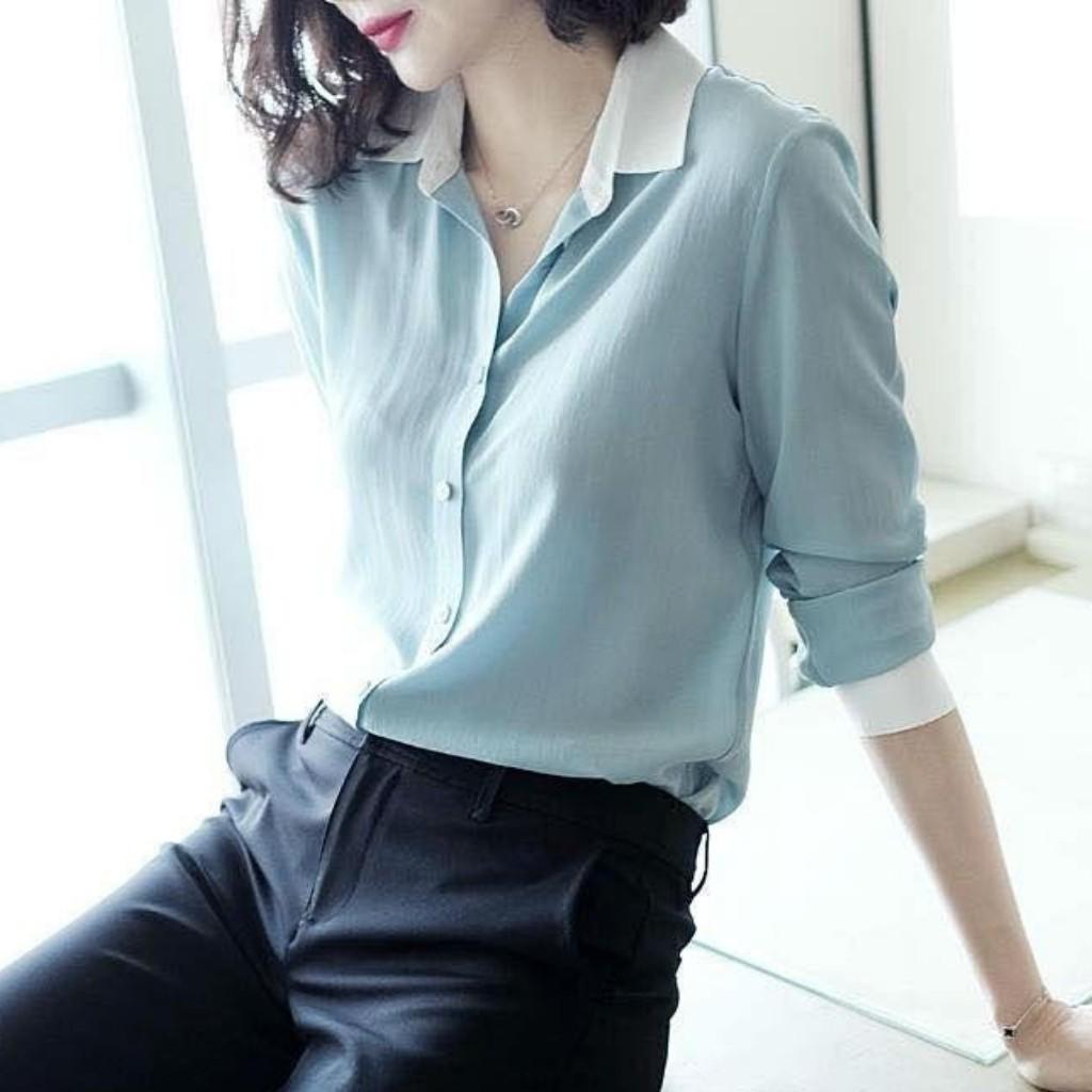 Áo Sơ Mi Nữ Trơn Dài Tay Viền Cổ Trắng L3 Chất Kate Mềm Mịn, Tạo Cảm Giác Thoải Mái Cho Người Mặc