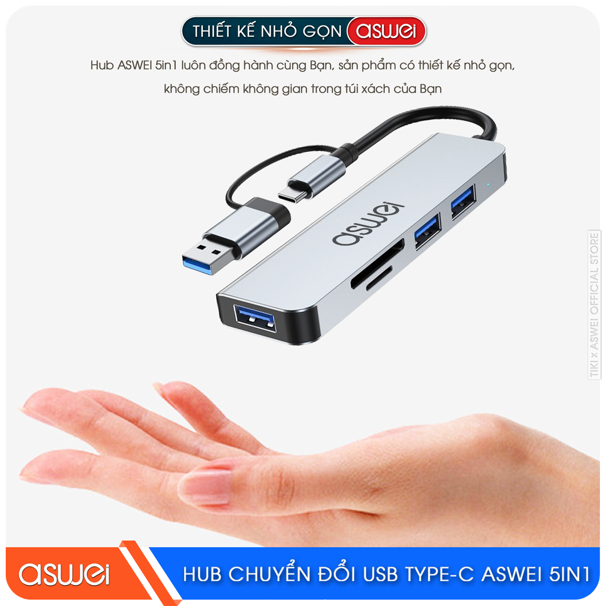 Hub Chuyển Đổi USB Type C ASWEI 5 in 1 - USB 3.0, SD, TF Tốc Độ Cao - Hàng Chính Hãng