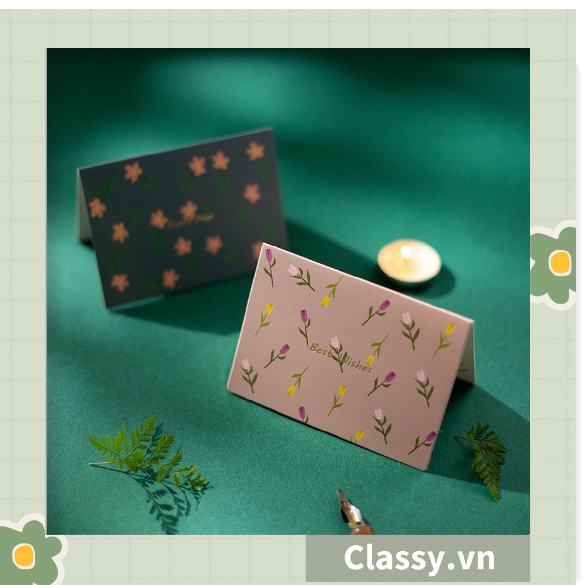 Thiệp Cổ điển Vintage in họa tiết hoa nhí giấy art sang trọng kèm phong bì giấy kraft nâu Q724