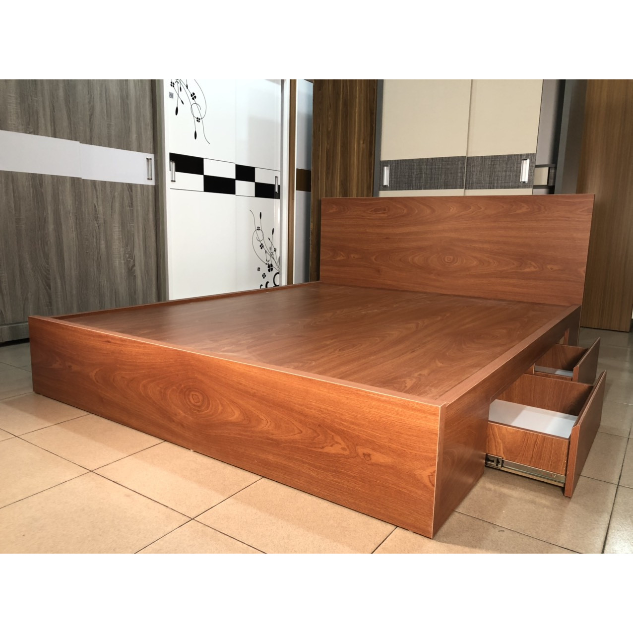 Giường Ngủ Gỗ MDF Melamine Ngăn Kéo Màu Xoan Đào