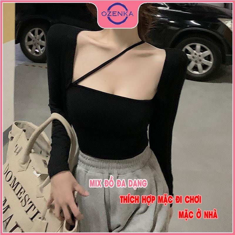 Áo khoác croptop sát nách tay dài áo 2 dây OZENKA chất thun gân 100% cotton đen trắng free size dưới 50 kg