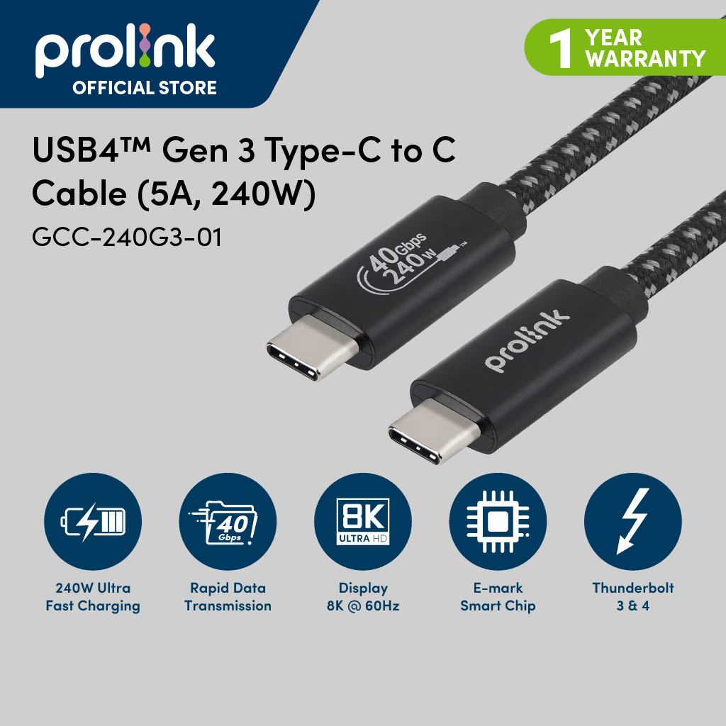 Dây sạc type-C to C PROLiNK GCC_240G3 dài 2m, sạc siêu tốc 240W chuẩn PD 3.1, truyền dữ liệu 40Gbps, xuất hình ảnh 8K Ultra HD - Hàng chính hãng