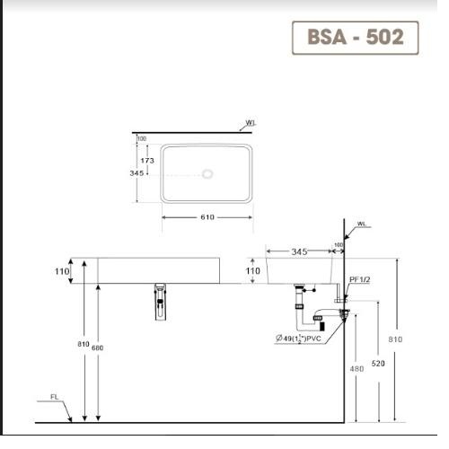 Chậu lavabo rửa mặt đặt trên bàn BSA-502 sản phẩm chỉ gồm phần sứ (khuyến nghị dùng vòi cao cổ)