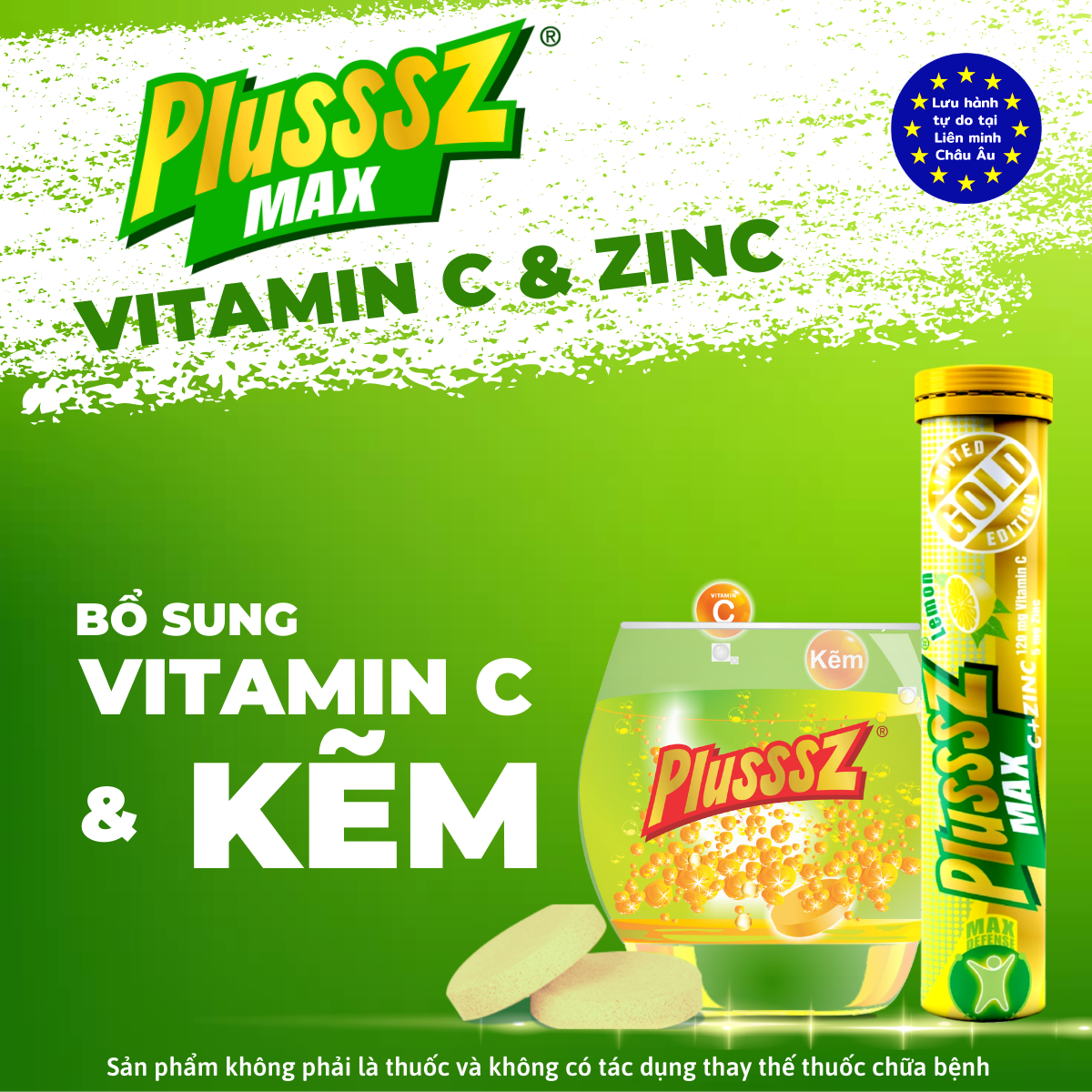 Viên sủi Plusssz Max Vitamin C & ZinC bổ sung vitamin C và kẽm vị chanh không đường hỗ trợ đề kháng, vững vàng sức khỏe .