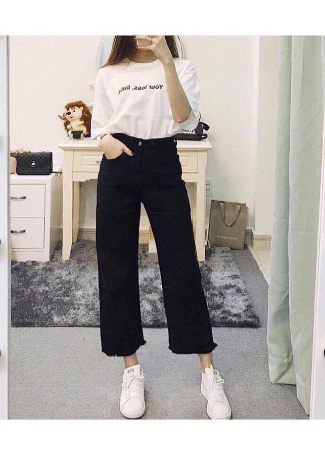 Quần jean nữ ống rộng vải mềm co giãn