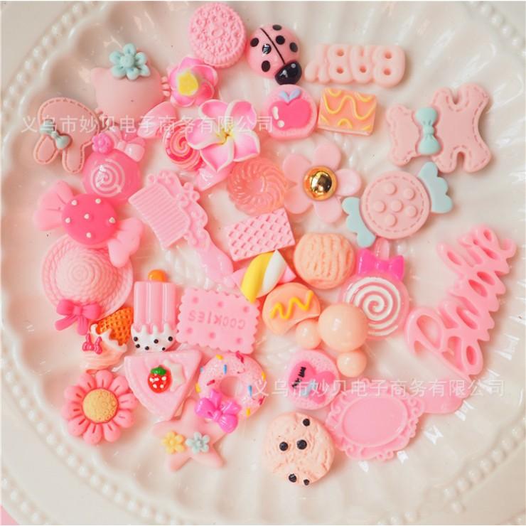 *HN* Túi 30 charm mô hình bánh kẹo, vật dụng màu hồng cho các bạn làm trang trí vỏ điện thoại, kẹp tóc, DIY