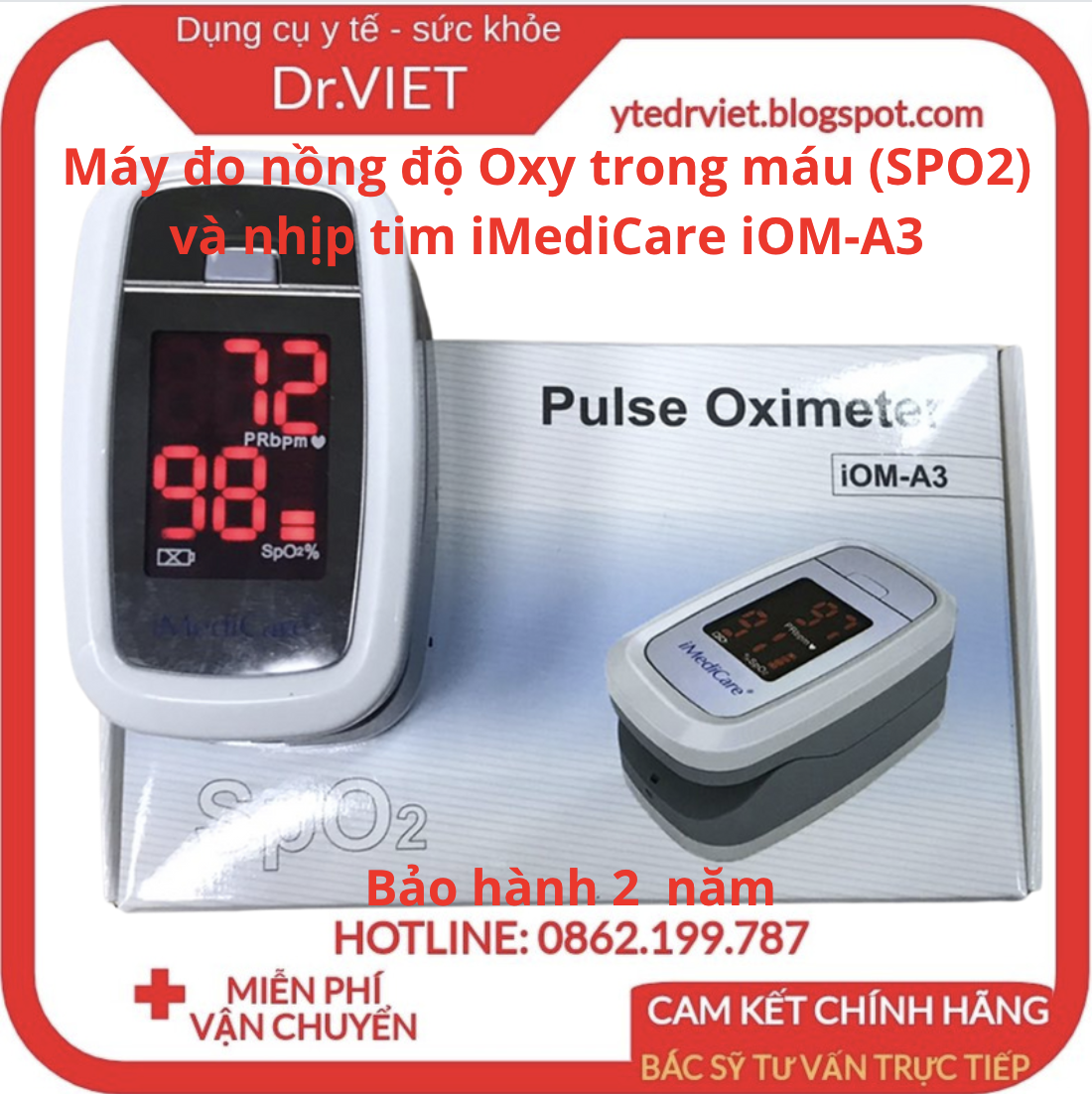 Máy đo nồng độ Oxy trong máu (SPO2) và nhịp tim iMediCare iOM-A3 (Hàng Chính Hãng)