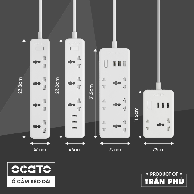 Ổ cắm điện kéo dài OCATO Trần Phú OCATO A63-3D3T3U (6 ổ cắm + 3 cổng sạc USB)