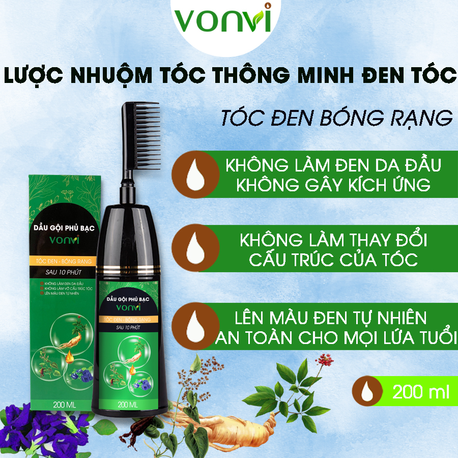 Lược nhuộm tóc thông minh đen tóc VONVI làm tóc đen sau 5 phút thế hệ mới 1 nút ấn chai 200 ml