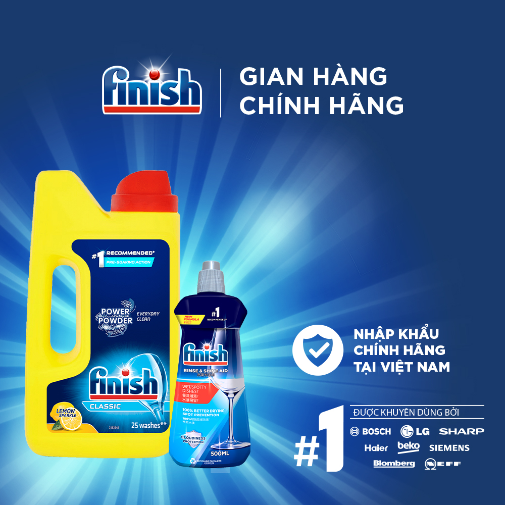 Combo 2 Cho Người Mới Bắt Đầu: Bột Rửa Chén Hương Chanh Lemon Classic Power Powder Lemon Sparkle 1Kg + Nước Làm Bóng Rinse & Shine