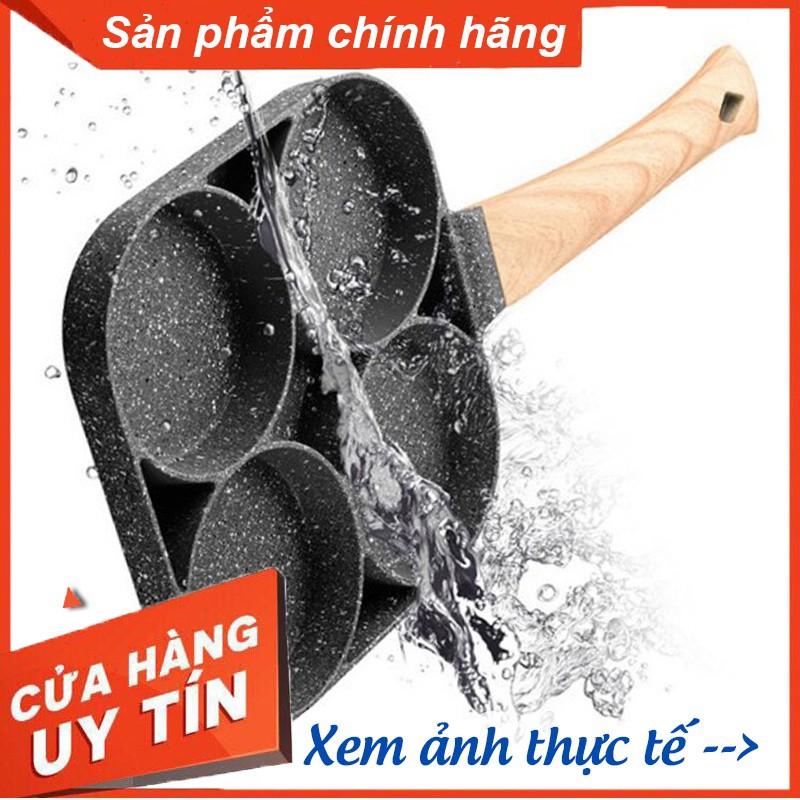 Chảo Chiên Rán Trứng Làm Bánh 4 Ngăn 4 Lỗ Chống Dính- Chống Dính Tay Cầm Gỗ