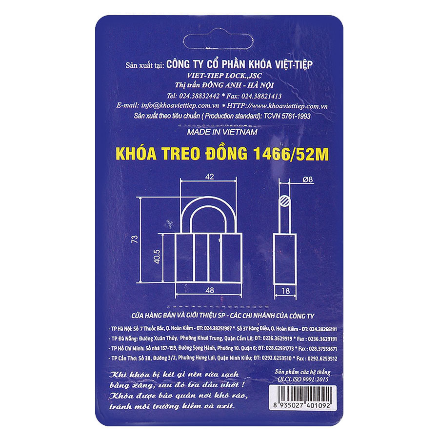 Ổ Khoá Việt Tiệp Loại Trung 73 x 48 Ống Phi 8mm (Khoá Chìa)