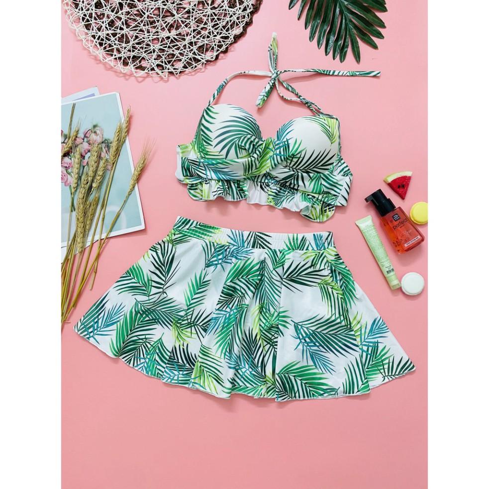 freeship Bikini hai mảnh váy xòe ️Freeship️ họa tiết hoa lá lá cọ quần cạp cao mặc đi biển đi bơi mới nhất
