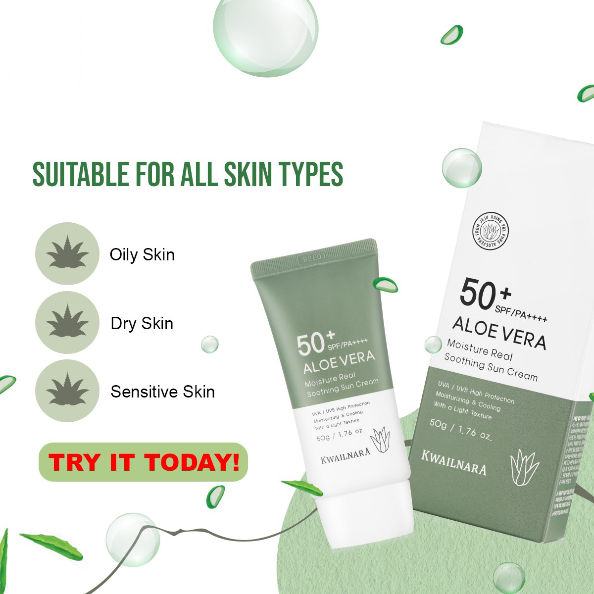 Kem chống nắng Lô hôi dịu da, kiềm dầu Kwailnara Aloe Vera Sun Cream SPF50+ PA++++ 50g