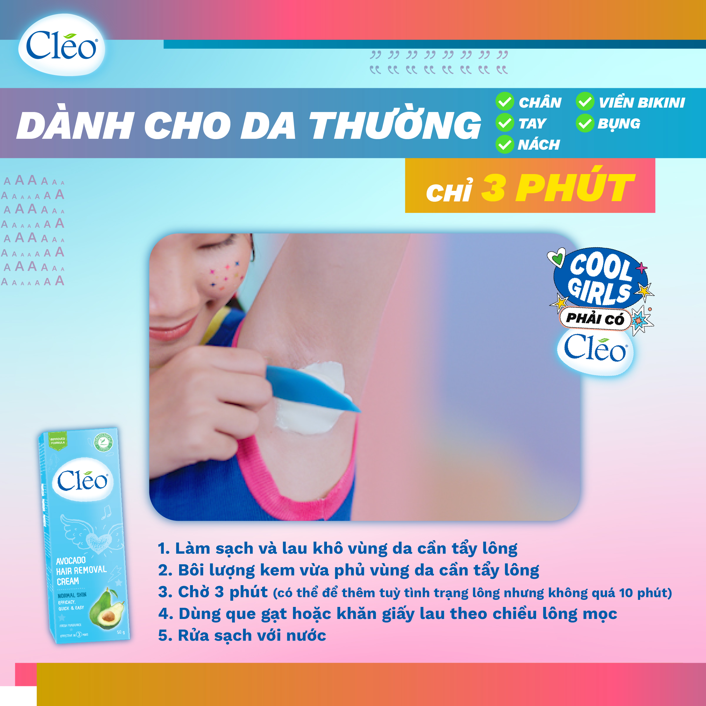 Combo tẩy lông nách Cléo cho da thường chiết xuất bơ 50g và tẩy lông chân tay Cléo an toàn trong 4 phút 90ml