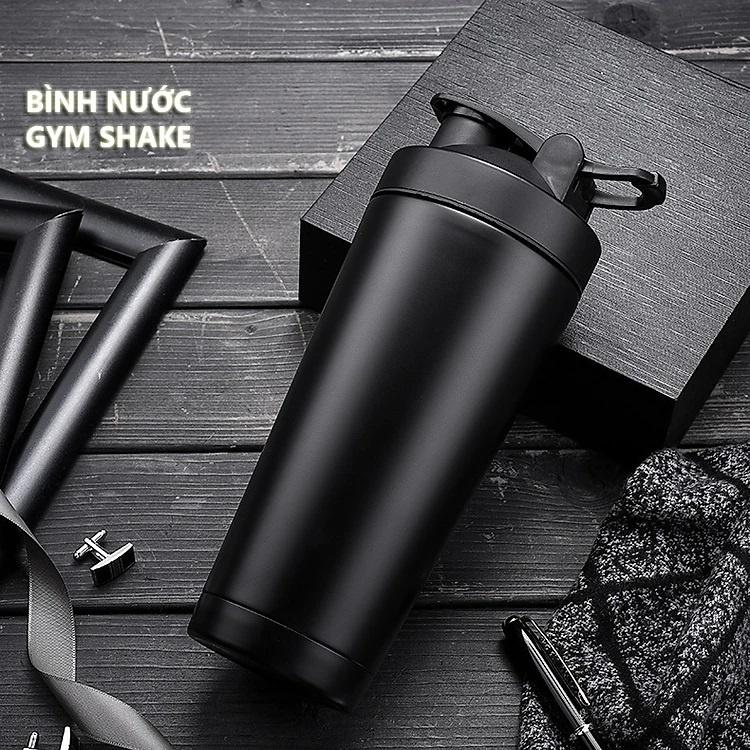 bình lắc gym shaker, bình nước thể thao inox giữ nhiệt + Tặng quả lắc - ĐenViềnBạc