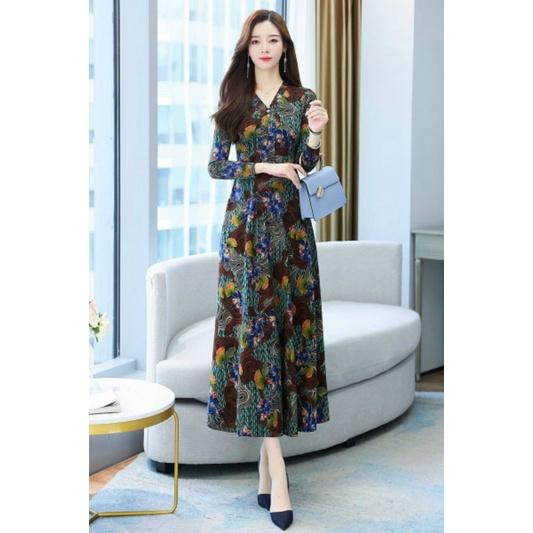 HÀNG NHẬP - ĐẦM MAXI THUN LỤA TAY DÀI IN HỌA TIẾT