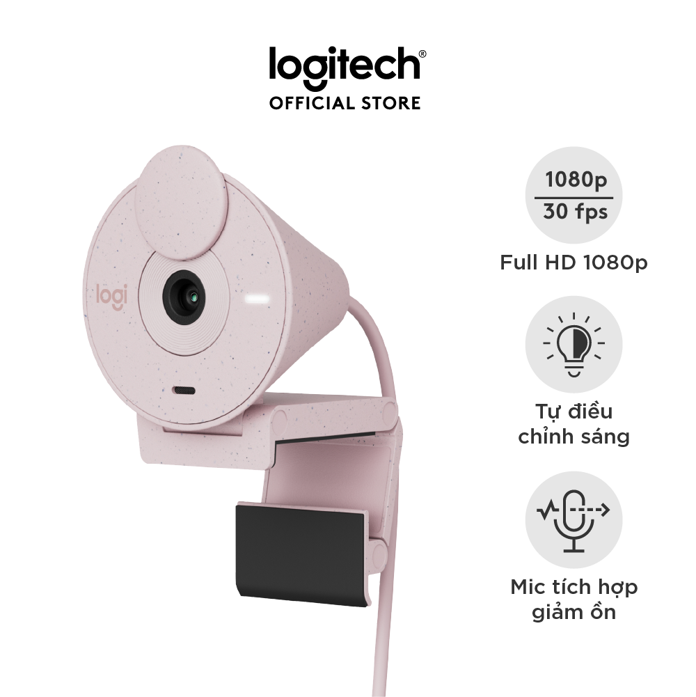 Máy Webcam Full HD Logitech Brio 300 Màn che ống kính, Micro giảm tiếng ồn, USB-C, được chứng nhận cho Zoom, Microsoft Teams, Google Meet, tự động điều chỉnh Ánh sáng - Hàng chính hãng