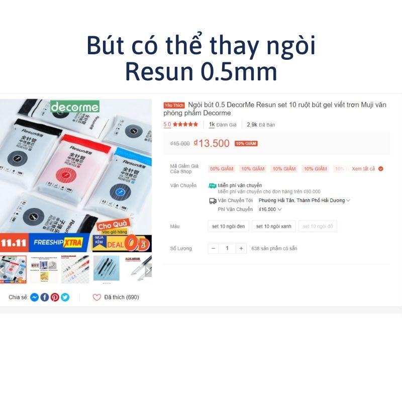 Bút gel mực đen khô nhanh 3 màu mực đen xanh đỏ resun 0,5mm đồ dùng văn phòng phẩm