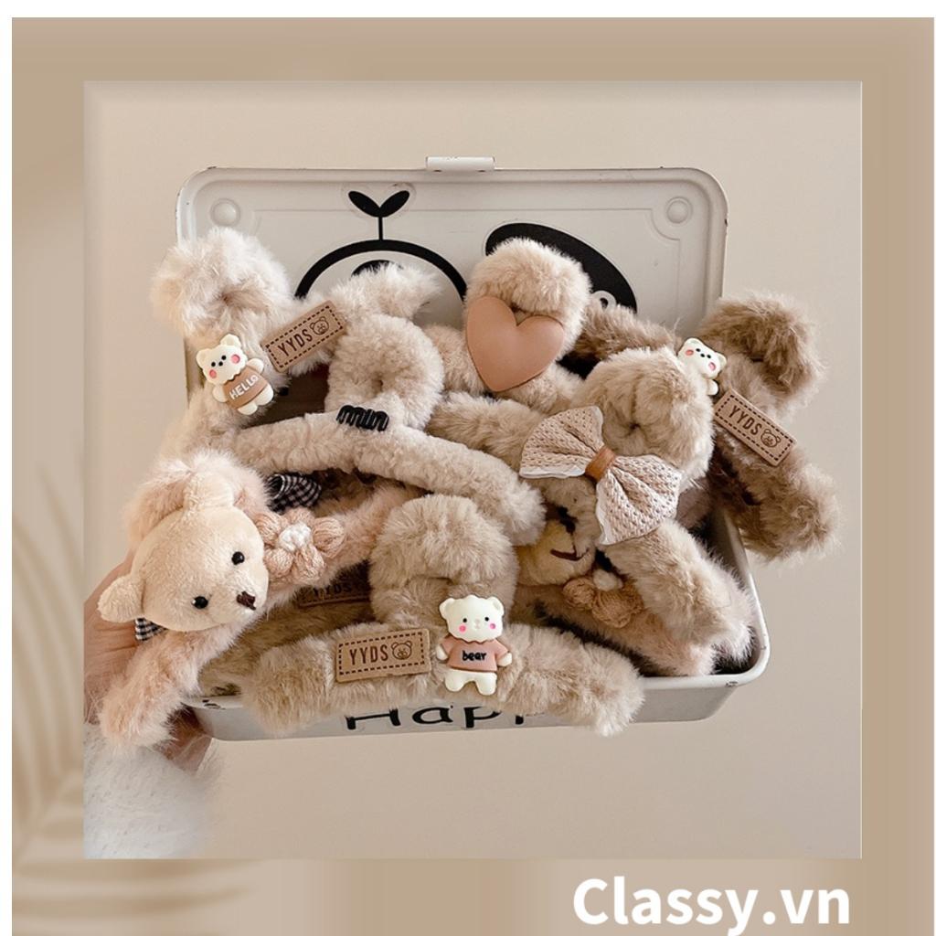 Kẹp càng cua Classy đính lông đính nơ, đính hoa màu be sang trọng PK1626