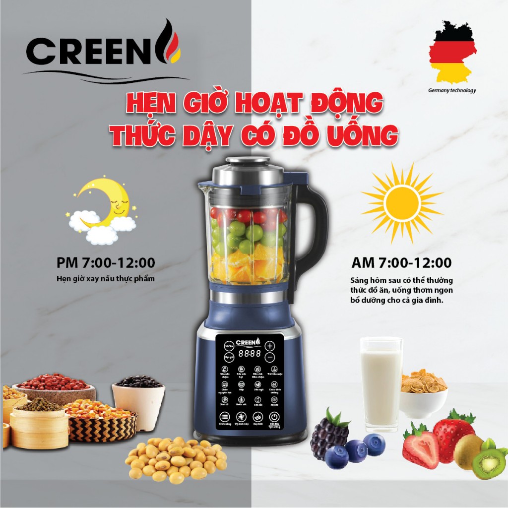 Máy làm sữa hạt đa năng CREEN BA-138 Plus, công suất xay và nấu 1800W, dung tích 1.75L, 16 chức năng - Hàng chính hãng